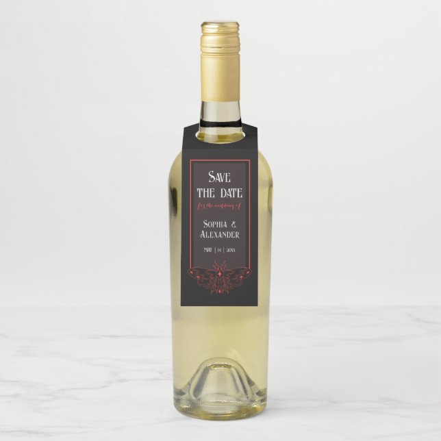 Étiquettes Pour Bouteilles Papillon gothique noir et rouge, Épargnez la date (Sur bouteille)