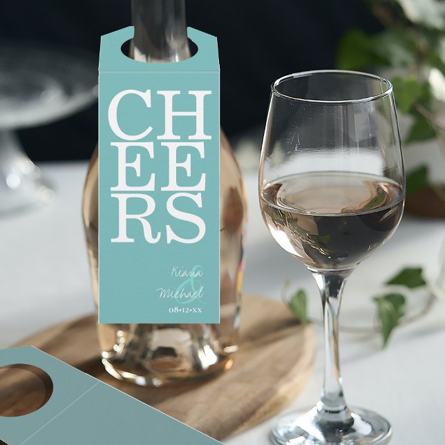 Étiquettes Pour Bouteilles Réflexions Mariage Cheers Turquoise ID774 (Front/Back In Situ)