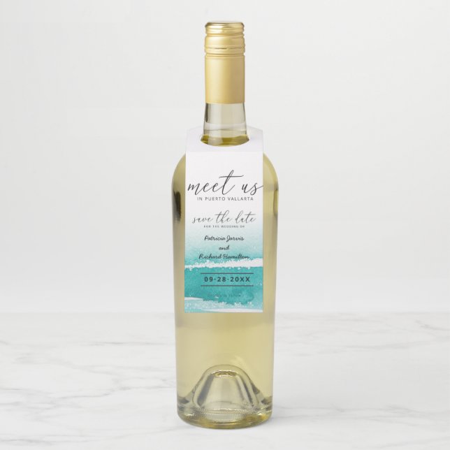 Étiquettes Pour Bouteilles Rencontrez-Nous à La Destination Mariage Teal Save (Sur bouteille)