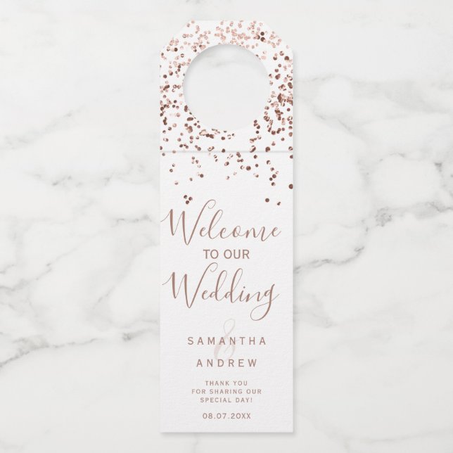 Étiquettes Pour Bouteilles Rose or confetti blanc accueil mariage (Devant)
