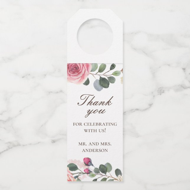 Étiquettes Pour Bouteilles Roses roses aquarelle. Remerciement de mariage flo (Devant)