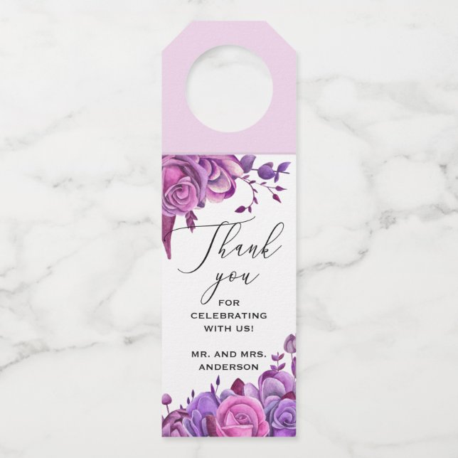 Étiquettes Pour Bouteilles Roses roses et violets. Floral mariage merci (Devant)