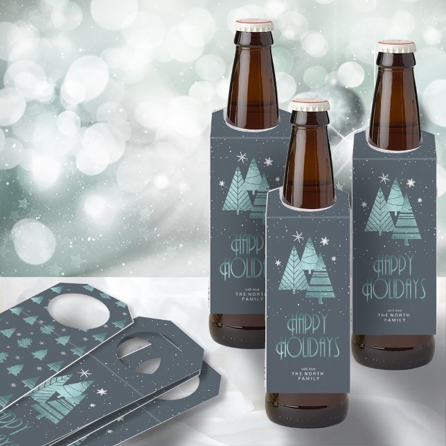 Étiquettes Pour Bouteilles Sapins de Noël et Flocons de Neige Teal ID863 (Front/Back In Situ)