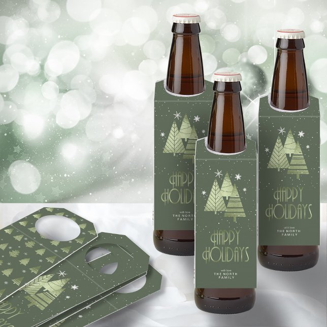 Étiquettes Pour Bouteilles Sapins de Noël et flocons de neige vert ID863 (Front/Back In Situ)