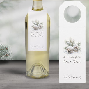 Étiquettes Pour Bouteilles script minimaliste, aquarelle cônes de pin enneigé