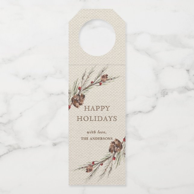 Étiquettes Pour Bouteilles Vacances rustiques de Noël de Pinecone (Devant)
