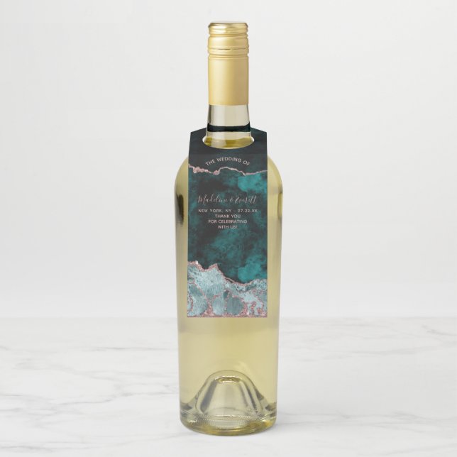 Étiquettes Pour Bouteilles Vert Paon & Rose Gold Agate Mariage Remerciement (Sur bouteille)