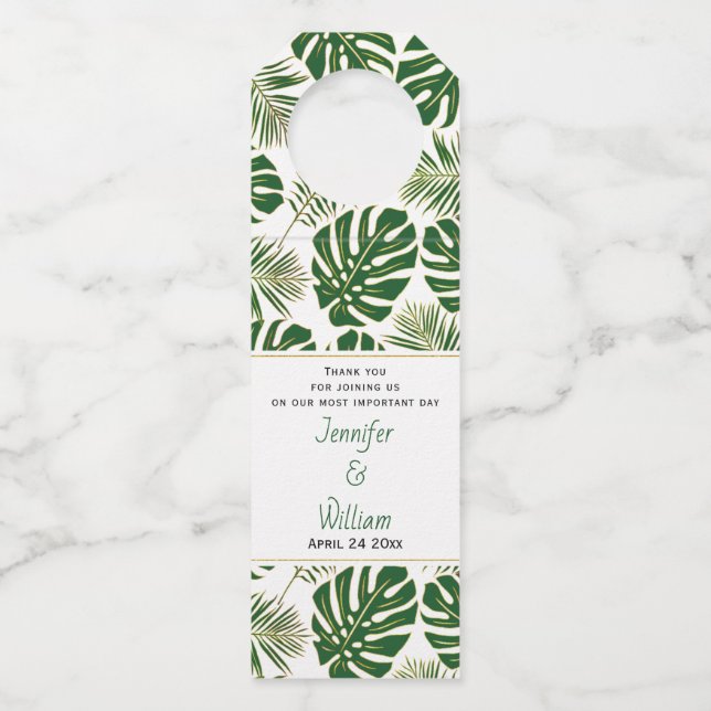 Étiquettes Pour Bouteilles Vert tropical feuille mariage pois (Devant)