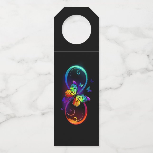 Étiquettes Pour Bouteilles Vibrant infinity with rainbow butterfly on black (Devant)