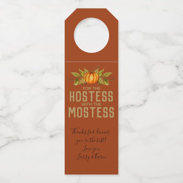 Étiquettes Pour Bouteilles Vin cadeau Hostess Citrouille d'automne Thanksgivi (Devant)