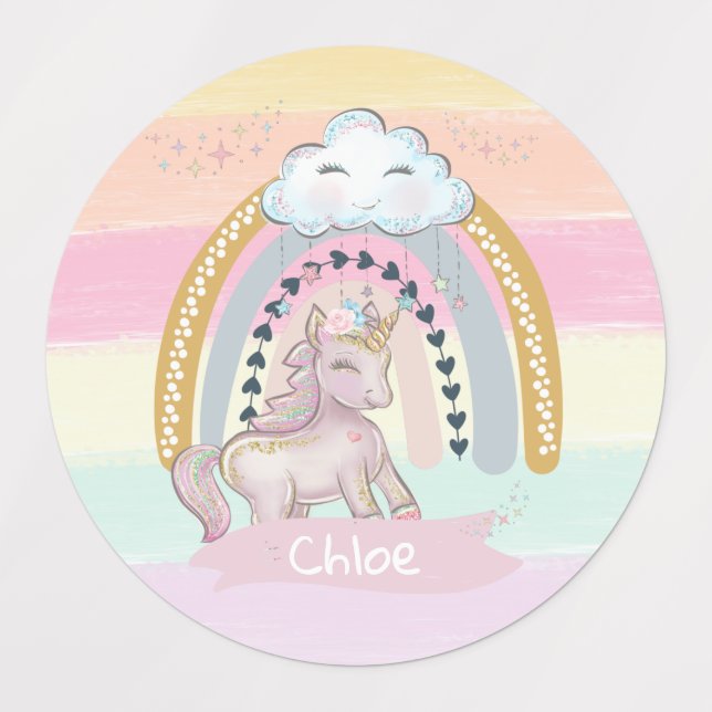Étiquettes 🦄 Rainbow Unicorn Girl Nom personnalisé (Design 1)