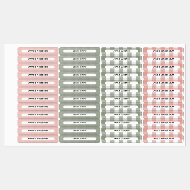 Étiquettes Rose & Vert Sauge Gingham Vérificateur Nom personn (Feuille)