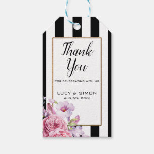 Étiquettes roses florales et de rayures de Merci