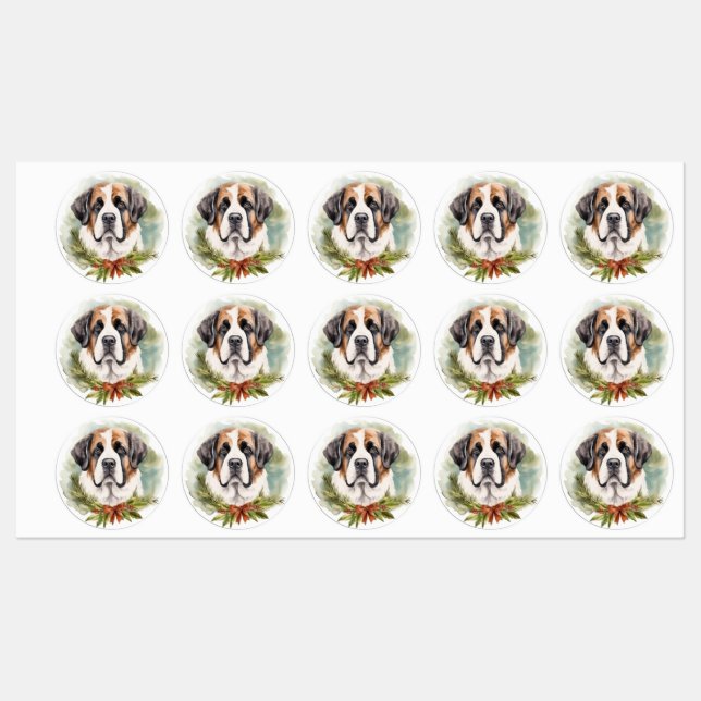 Étiquettes Saint Bernard Christmas Wreath Festive Pup (Feuille)