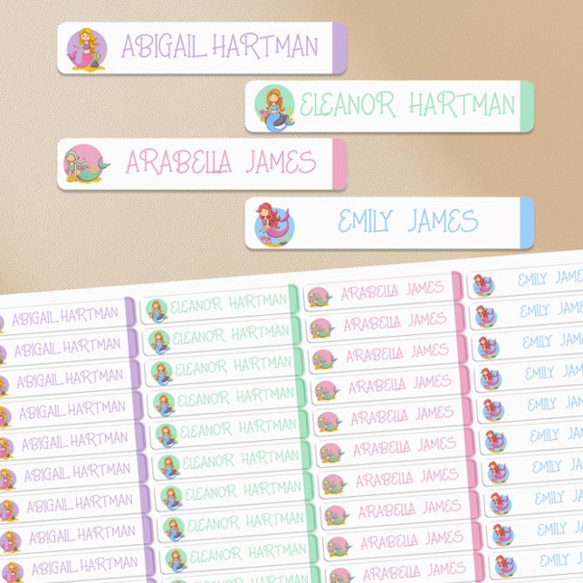 Étiquettes Sirène Couleur Codé Fille étanche Nom (Mermaid Themed Waterproof Kids Name Labels in handwritten print by Darling & May)