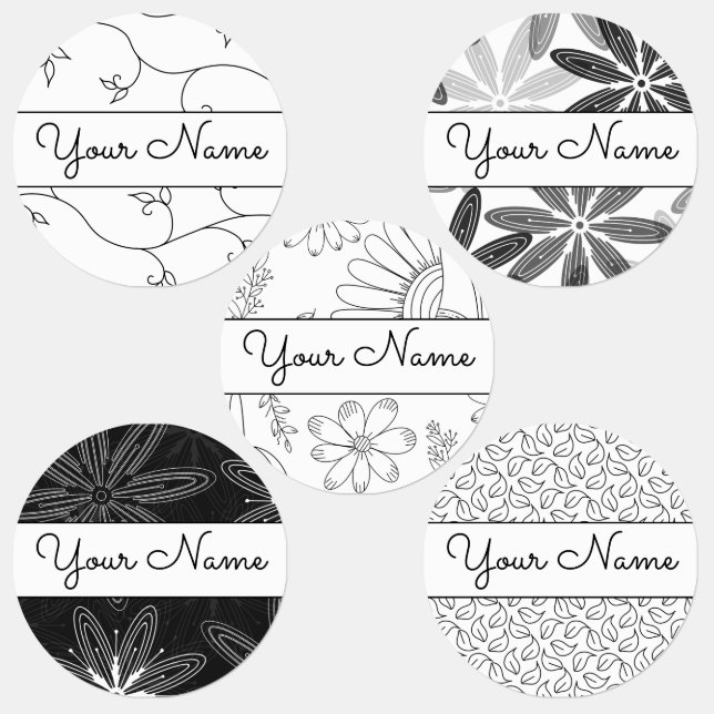 Étiquettes Votre main florale noire et blanche dessinée (Groupe)
