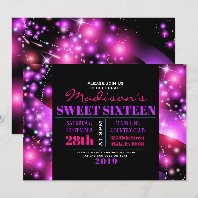 ÉTOILES À COULEUR ROSE Sweet sixteen 16 Invitation (Devant / Derrière)
