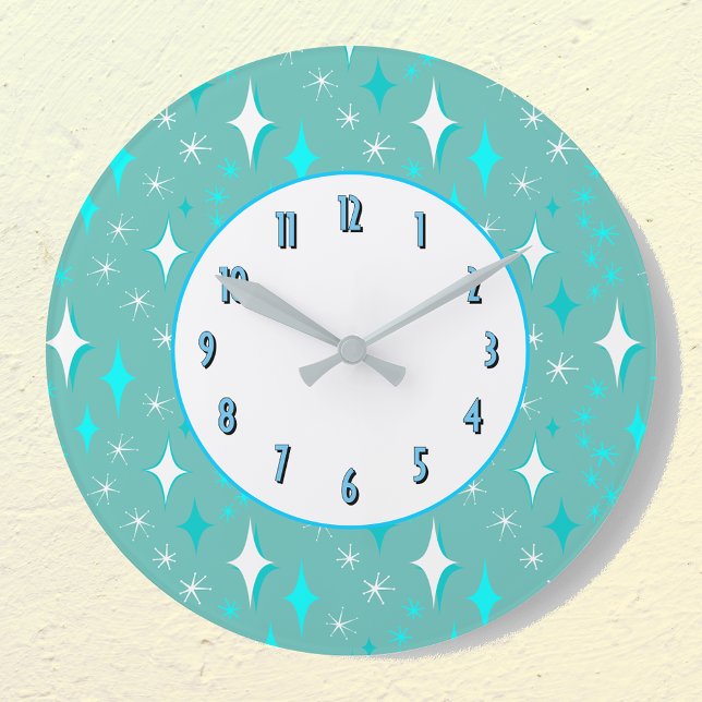Etoiles blanches turquoises Motif Rétro Horloge mu (Créateur téléchargé)