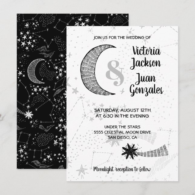 Étoiles célestes et lune Invitations de mariage (Devant / Derrière)