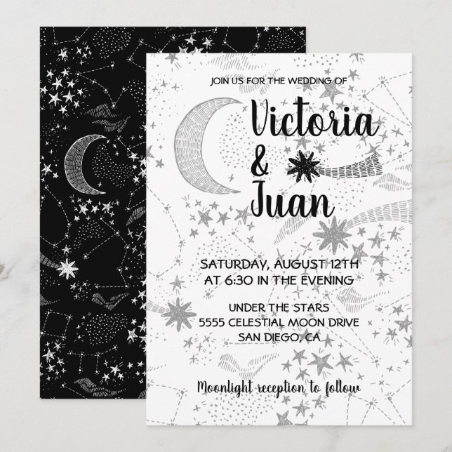 Étoiles célestes et lune Invitations de mariage (Devant / Derrière)