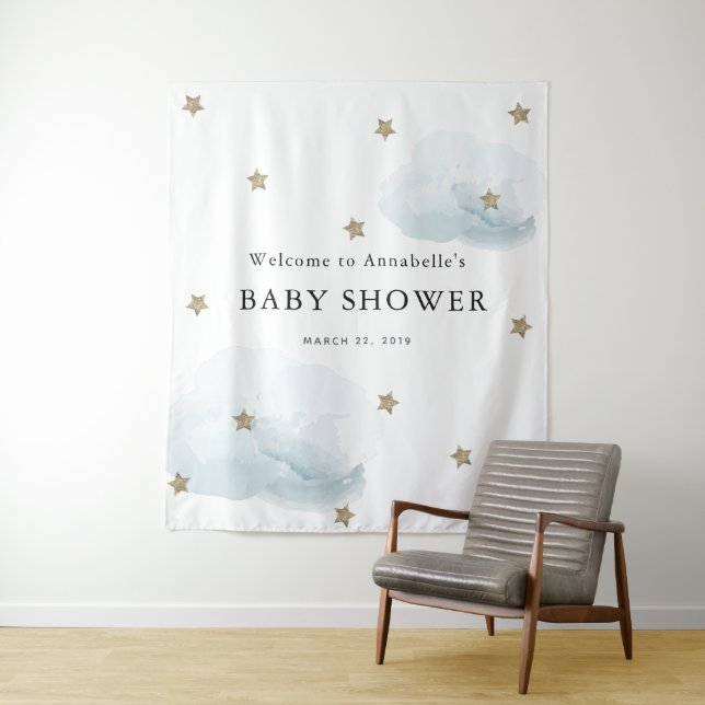 Etoiles d'or et nuages Baby shower Tapisserie (En situation)