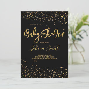 Étoiles d'or sur invitation Baby shower noir