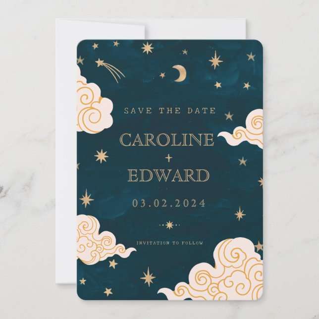 Étoiles Dorées Lune Céleste Code Qr Save the Date (Devant)
