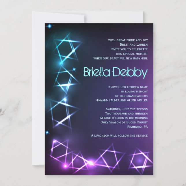 ÉTOILES ET LUMIÈRES Bébé juif Naming Invitation (Devant)