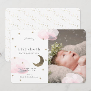 Étoiles et nuages roses Photo Girl Baby Faire-part