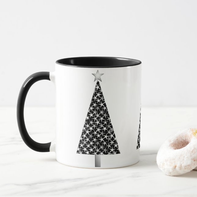 Étoiles Noires et Argent Moderne Arbre de Noël Mug (Avec donut)
