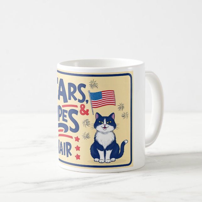 Étoiles, rayures et poils de chat - Drôle chat Mug (Devant droit)