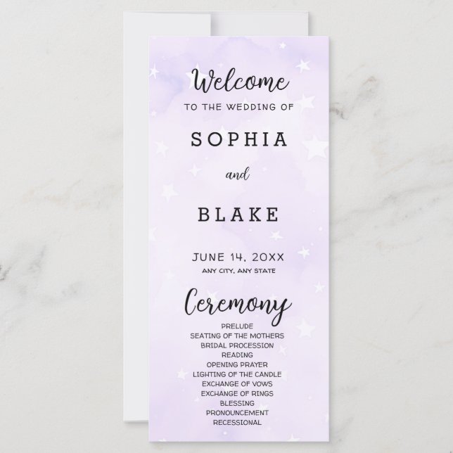 Étoiles violettes et blanches Programme de mariage (Devant)