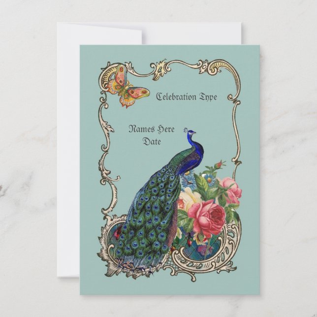 Etonnant paon vintage & fleurs invitations (Devant)