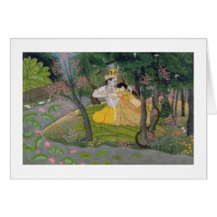 Étreinte de Radha et de Krishna dans un verger de