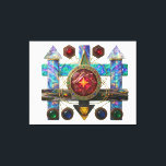 Etude № 13. Astral Compass  Canvas Print<br><div class="desc">A highly detailed digital illustration of a mystical artifact titled "Astral Compass." The object features a complex, symmetrical construction made of iridescent minerals, glowing crystals, and precious gemstones. At its center lies a brilliant ruby-red multifaceted crystal with a glowing four-pointed star, encased in a golden ring engraved with emeralds and...</div>