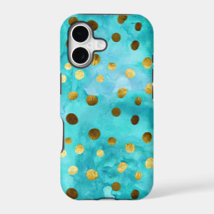 Étui aquarelle à pois or faux et turquoise