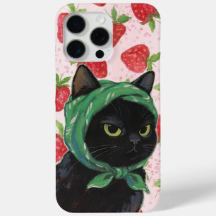 Étui de téléphone chat mignon fraise noir Kawaii