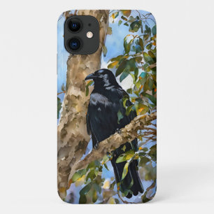 Étui de téléphone en art d'oiseau corbeau noir