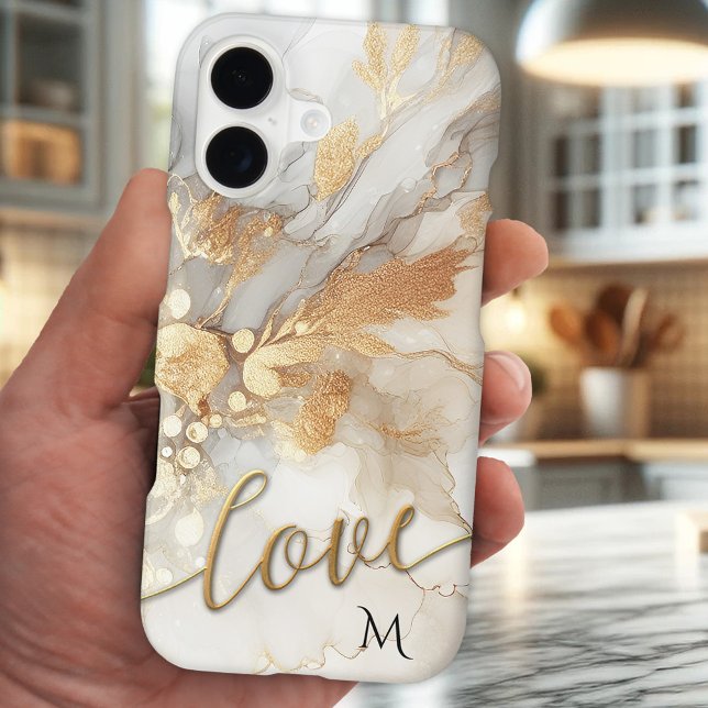 Étui de téléphone en script amour abstrait or (Phone case featuring an original painting in gold and ivory with monogram and script love text)