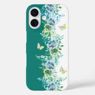 Étui de téléphone floral papillon vert sarcelle