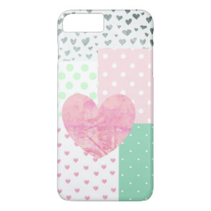 Étui de téléphone rose, vert menthe et cœurs argen