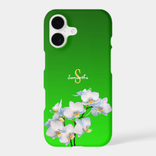 Étui de téléphone vert avec orchidée blanche