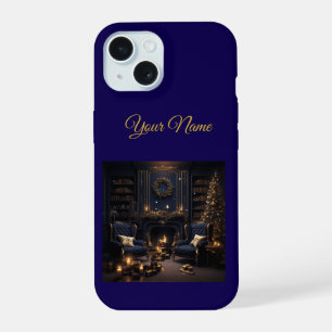 Étui fin Noël vintage bleu marine et or pour iPhon