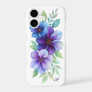 Étui floral à motif bleu et violet avec monogramme