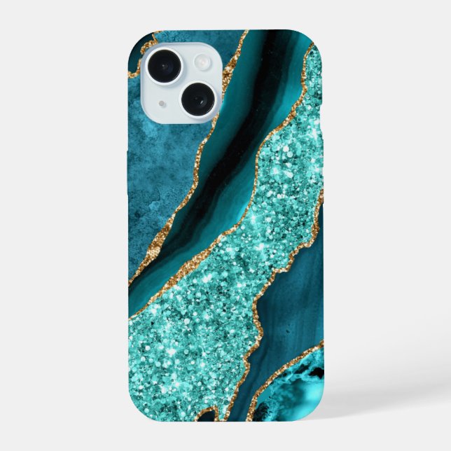 Étui iPhon en marbre bleu sarcelle or paillettes A (Verso)