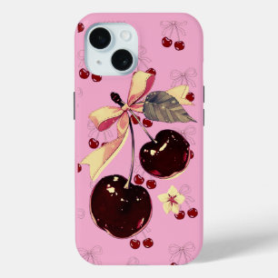 Étui iPhone à motif cerise rose vintage et nœud