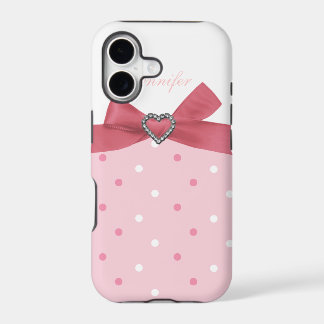 Étui iPhone à pois avec nœud rose et imprimé de bi
