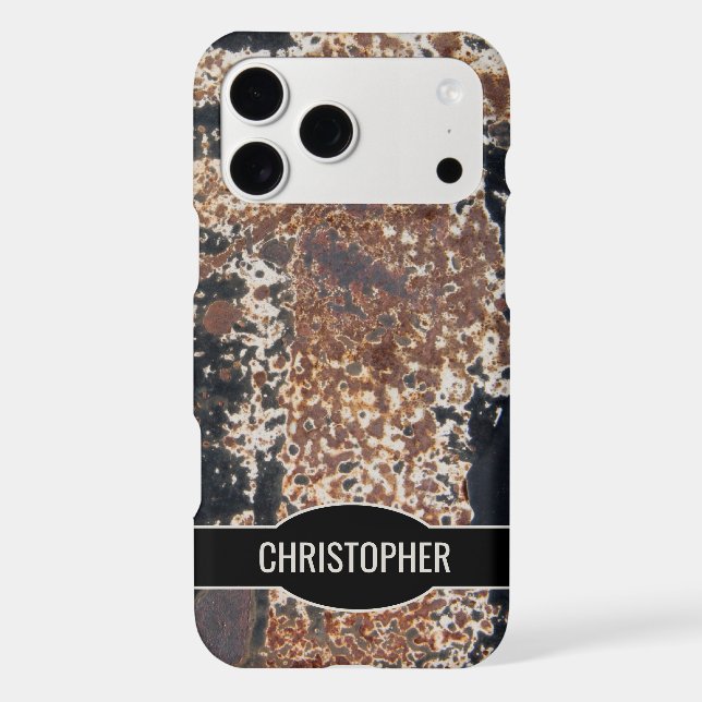 Étui iPhone à texture métallique rouille nom perso (Verso)