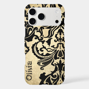 Étui iPhone à vecteur noir damassé or vintage