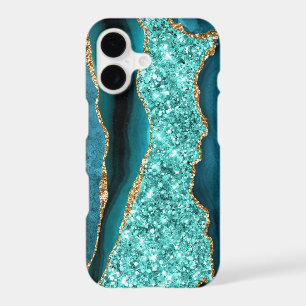 Étui iPhone bleu sarcelle or paillettes aqua turqu